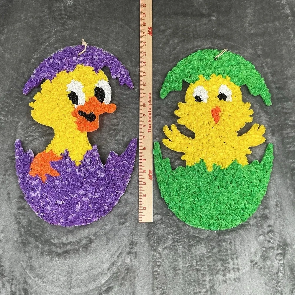 Vtg Melted Plastic Popcorn Easter Decoration Lot of 2 Easter Egg Chicks